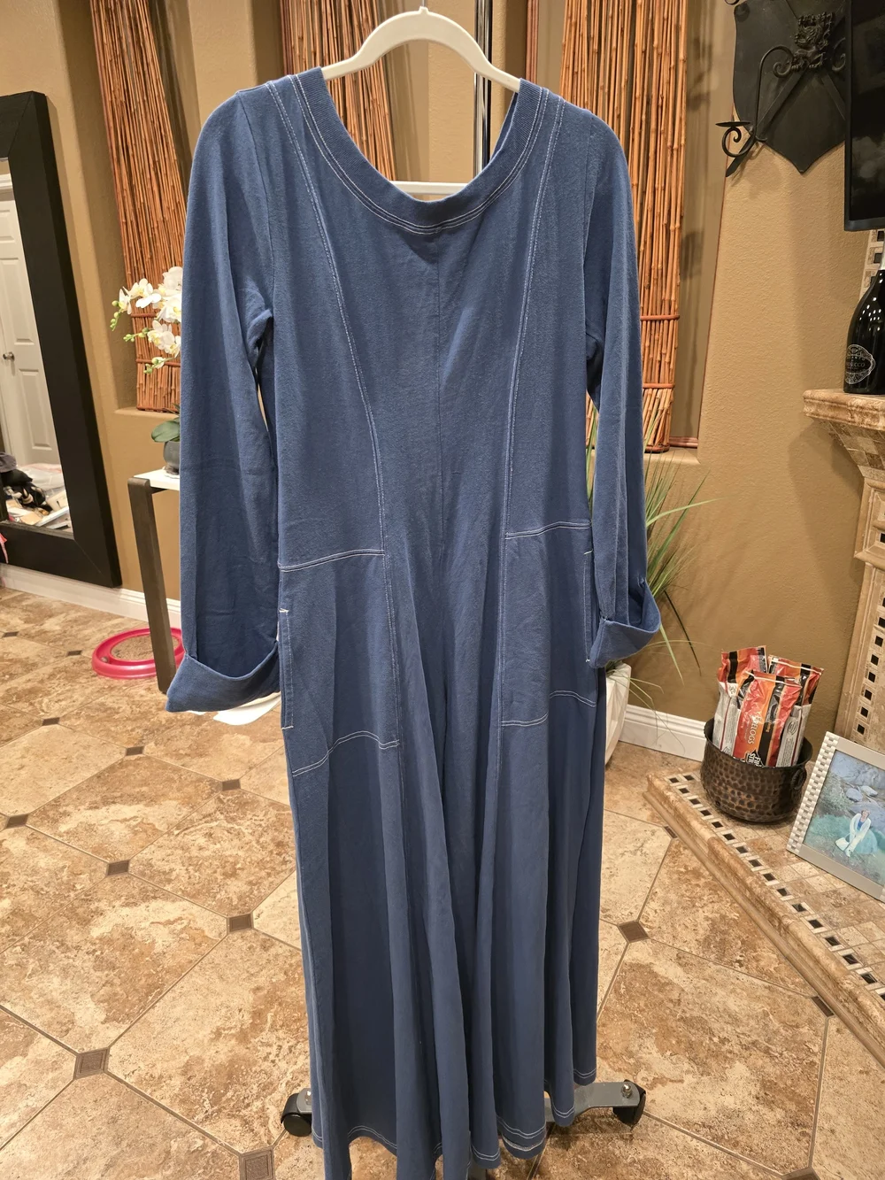 Free People Steel Strada Blue Long Sleeve Maxi Jumpsuit